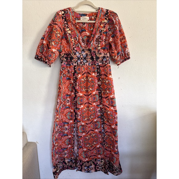 Anthropologie Dresses & Skirts - Anthropologie Paisley Midi Dress Womens 6 Orange Red Boho Puff Sleeve Side Slit